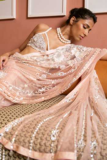Dilnaz_Cream Net, Satin Embroidery, Stones Shaded Hand Saree _at_Aza_Fashions