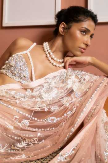 Buy_Dilnaz_Cream Net, Satin Embroidery, Stones Shaded Hand Saree 