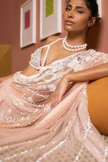 Shop_Dilnaz_Cream Net, Satin Embroidery, Stones Shaded Hand Saree 