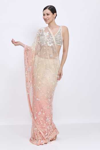 Dilnaz_Cream Net, Satin Embroidery, Stones Shaded Hand Saree _Online