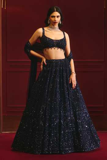Buy_ANGAD SINGH_Blue Net Sequins, Tassels Scoop Neck Celestial Regency Embellished Lehenga Set _at_Aza_Fashions