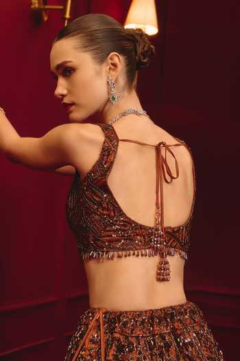 ANGAD SINGH_Brown Net Sequins, Tassels Sweetheart Neck Carob Majesty Embroidered Lehenga Set _Online_at_Aza_Fashions