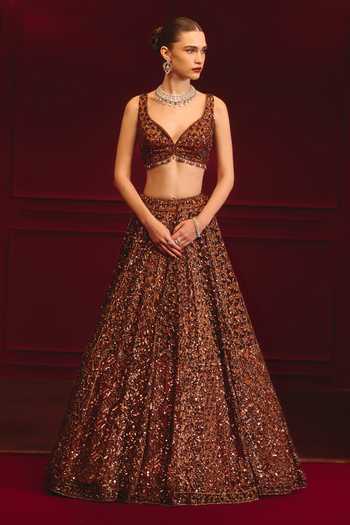 Buy_ANGAD SINGH_Brown Net Sequins, Tassels Sweetheart Neck Carob Majesty Embroidered Lehenga Set _Online_at_Aza_Fashions