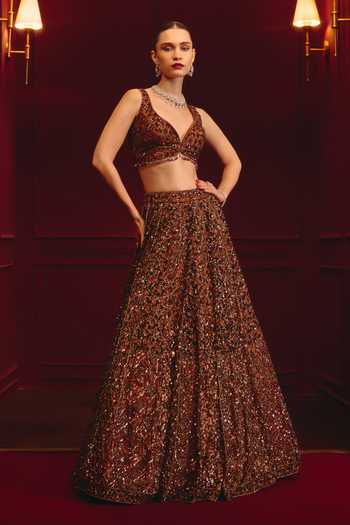 Shop_ANGAD SINGH_Brown Net Sequins, Tassels Sweetheart Neck Carob Majesty Embroidered Lehenga Set _Online_at_Aza_Fashions