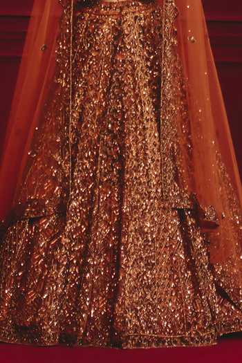 Buy_ANGAD SINGH_Brown Net Sequins, Tassels Sweetheart Neck Carob Majesty Embroidered Lehenga Set 