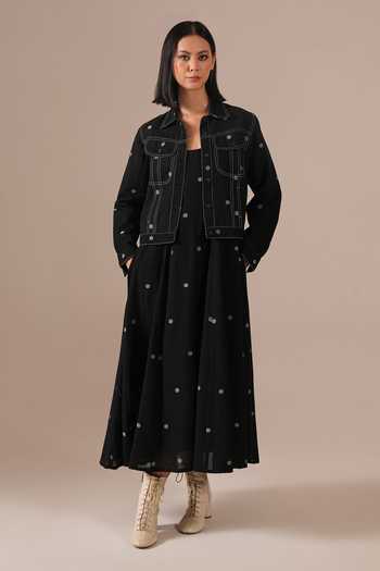 Indigo Dreams_Black Cotton Square Neck, Collared Handwoven Jamdani Dress And Jacket Set _Online_at_Aza_Fashions