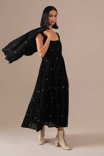 Buy_Indigo Dreams_Black Cotton Square Neck, Collared Handwoven Jamdani Dress And Jacket Set _Online_at_Aza_Fashions
