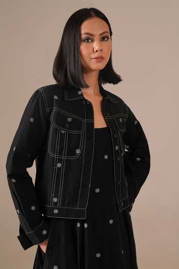 Shop_Indigo Dreams_Black Cotton Square Neck, Collared Handwoven Jamdani Dress And Jacket Set _Online_at_Aza_Fashions