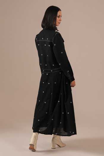 Shop_Indigo Dreams_Black Cotton Square Neck, Collared Handwoven Jamdani Dress And Jacket Set _at_Aza_Fashions