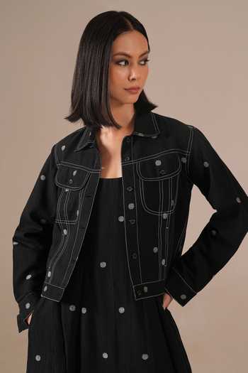 Indigo Dreams_Black Cotton Square Neck, Collared Handwoven Jamdani Dress And Jacket Set _at_Aza_Fashions