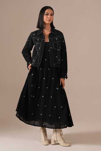 Buy_Indigo Dreams_Black Cotton Square Neck, Collared Handwoven Jamdani Dress And Jacket Set _at_Aza_Fashions