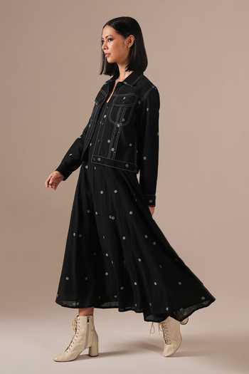 Buy_Indigo Dreams_Black Cotton Square Neck, Collared Handwoven Jamdani Dress And Jacket Set 