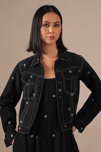 Shop_Indigo Dreams_Black Cotton Square Neck, Collared Handwoven Jamdani Dress And Jacket Set 