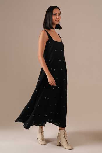 Indigo Dreams_Black Cotton Square Neck Handwoven Jamdani Dress _Online_at_Aza_Fashions