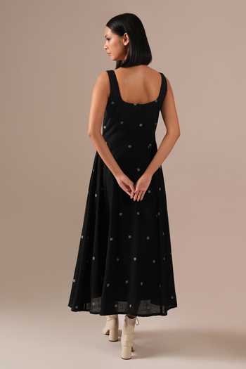 Shop_Indigo Dreams_Black Cotton Square Neck Handwoven Jamdani Dress _at_Aza_Fashions