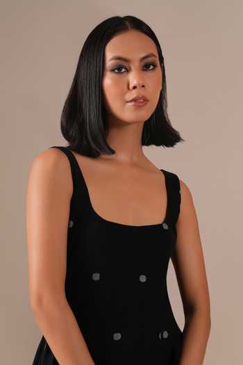 Shop_Indigo Dreams_Black Cotton Square Neck Handwoven Jamdani Dress _Online_at_Aza_Fashions