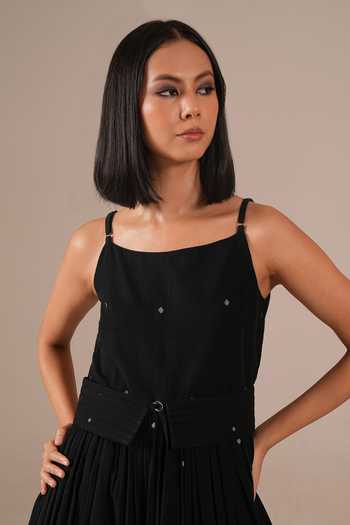 Indigo Dreams_Black Cotton Square Neck Handwoven Jamdani Midi Dress And Belt Set _Online_at_Aza_Fashions