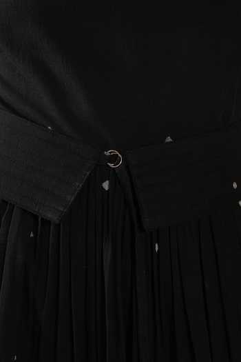 Indigo Dreams_Black Cotton Square Neck Handwoven Jamdani Midi Dress And Belt Set _at_Aza_Fashions