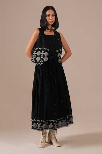 Buy_Indigo Dreams_Black Cotton Square , Open Jamdani Dress And Waistcoat Set _at_Aza_Fashions