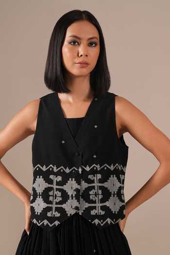 Indigo Dreams_Black Cotton Square , Open Jamdani Dress And Waistcoat Set _Online_at_Aza_Fashions