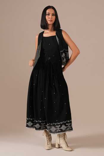 Buy_Indigo Dreams_Black Cotton Square , Open Jamdani Dress And Waistcoat Set _Online_at_Aza_Fashions