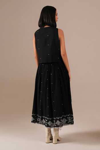 Shop_Indigo Dreams_Black Cotton Square , Open Jamdani Dress And Waistcoat Set _at_Aza_Fashions