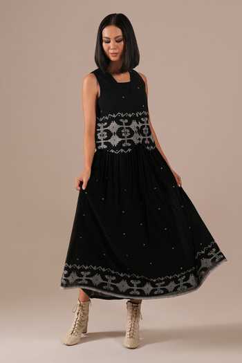 Shop_Indigo Dreams_Black Cotton Square , Open Jamdani Dress And Waistcoat Set _Online_at_Aza_Fashions