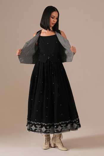 Indigo Dreams_Black Cotton Square , Open Jamdani Dress And Waistcoat Set _at_Aza_Fashions