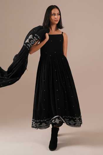Indigo Dreams_Black Cotton Square Neck Handwoven Jamdani Dress And Jacket Set _Online_at_Aza_Fashions