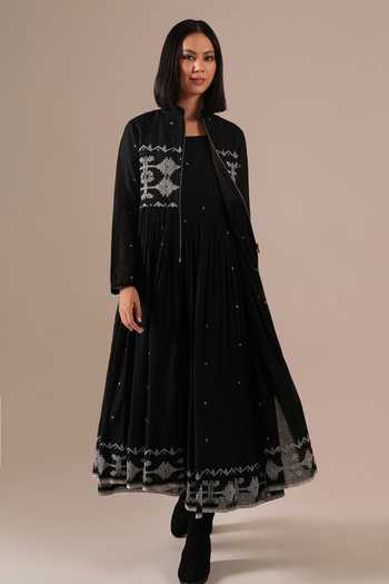 Buy_Indigo Dreams_Black Cotton Square Neck Handwoven Jamdani Dress And Jacket Set _Online_at_Aza_Fashions