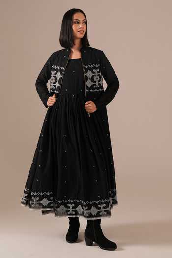 Buy_Indigo Dreams_Black Cotton Square Neck Handwoven Jamdani Dress And Jacket Set _at_Aza_Fashions