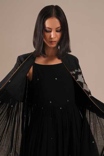Shop_Indigo Dreams_Black Cotton Square Neck Handwoven Jamdani Dress And Jacket Set _Online_at_Aza_Fashions