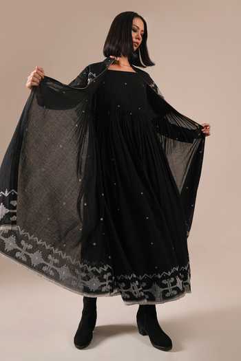 Indigo Dreams_Black Cotton Square Neck Handwoven Jamdani Dress And Jacket Set _at_Aza_Fashions