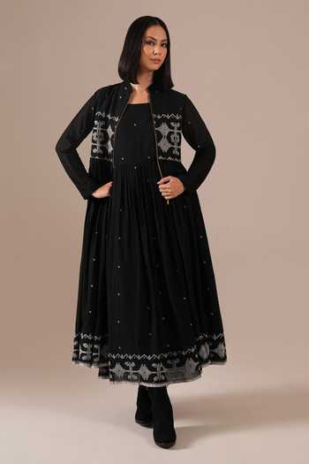 Buy_Indigo Dreams_Black Cotton Square Neck Handwoven Jamdani Dress And Jacket Set 