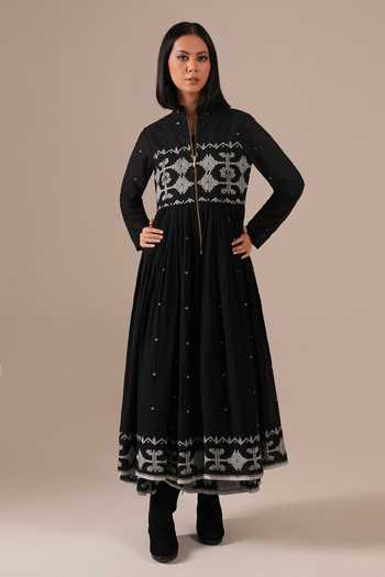Shop_Indigo Dreams_Black Cotton Square Neck Handwoven Jamdani Dress And Jacket Set 