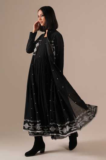 Buy_Indigo Dreams_Black Cotton Square Neck Handwoven Jamdani Dress And Jacket Set _Online