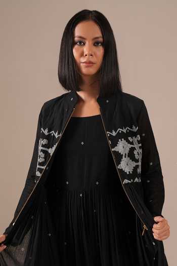 Shop_Indigo Dreams_Black Cotton Square Neck Handwoven Jamdani Dress And Jacket Set _Online
