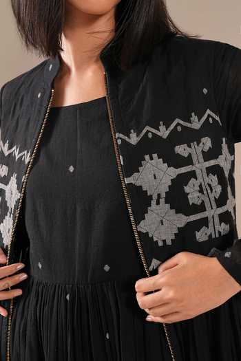 Indigo Dreams_Black Cotton Square Neck Handwoven Jamdani Dress And Jacket Set 