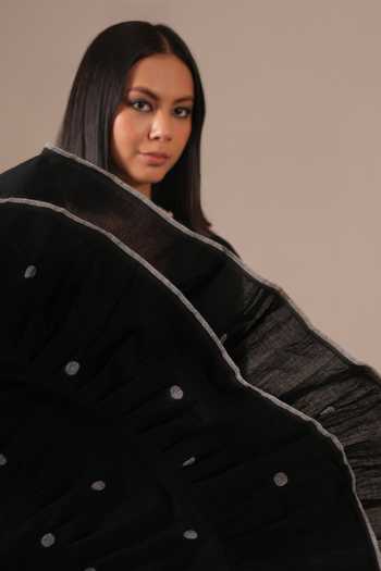 Indigo Dreams_Black Cotton V-neck Handwoven Jamdani Dress _Online_at_Aza_Fashions