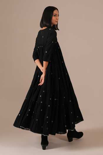 Shop_Indigo Dreams_Black Cotton V-neck Handwoven Jamdani Dress _at_Aza_Fashions