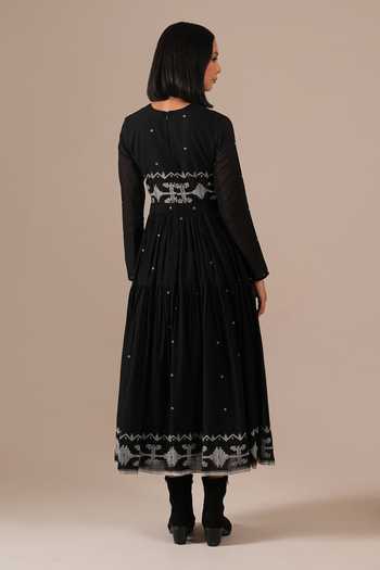 Shop_Indigo Dreams_Black Cotton Round Neck Handwoven Jamdani Midi Dress _at_Aza_Fashions