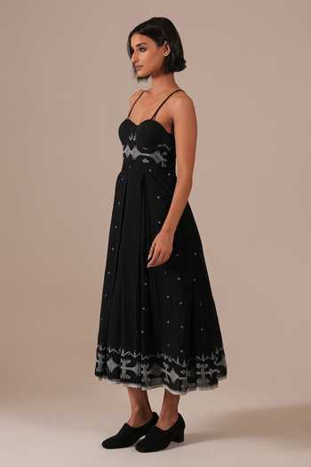 Shop_Indigo Dreams_Black Cotton Sweetheart Neck Handwoven Jamdani Dress _Online_at_Aza_Fashions