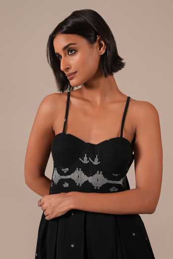 Indigo Dreams_Black Cotton Sweetheart Neck Handwoven Jamdani Dress _at_Aza_Fashions