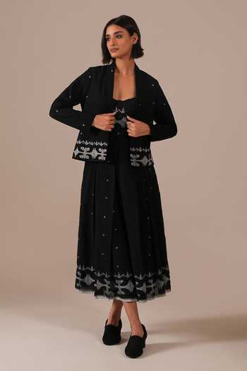 Buy_Indigo Dreams_Black Cotton Bandeau , Open Handwoven Jamdani Dress And Jacket Set _at_Aza_Fashions