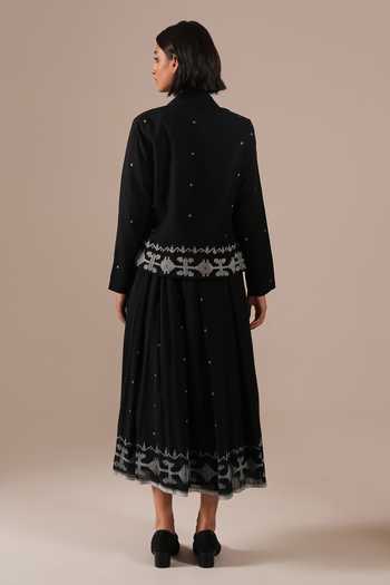 Shop_Indigo Dreams_Black Cotton Bandeau , Open Handwoven Jamdani Dress And Jacket Set _at_Aza_Fashions