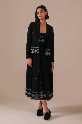 Indigo Dreams_Black Cotton Bandeau , Open Handwoven Jamdani Dress And Jacket Set _Online_at_Aza_Fashions
