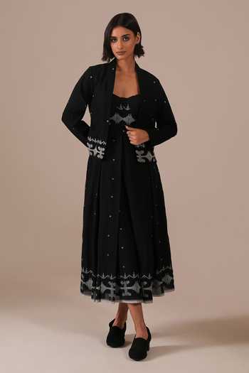 Buy_Indigo Dreams_Black Cotton Bandeau , Open Handwoven Jamdani Dress And Jacket Set _Online_at_Aza_Fashions