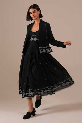 Shop_Indigo Dreams_Black Cotton Bandeau , Open Handwoven Jamdani Dress And Jacket Set _Online_at_Aza_Fashions