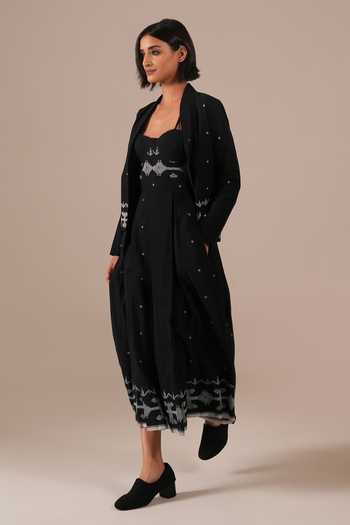 Indigo Dreams_Black Cotton Bandeau , Open Handwoven Jamdani Dress And Jacket Set _at_Aza_Fashions