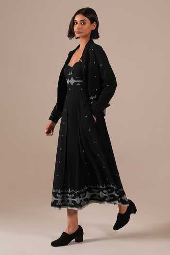 Buy_Indigo Dreams_Black Cotton Bandeau , Open Handwoven Jamdani Dress And Jacket Set 